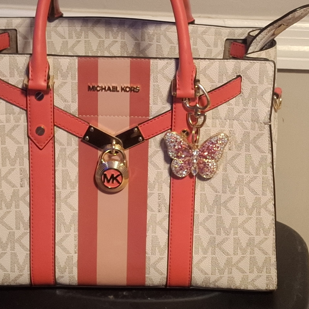 Michael Kors Nouveau Hamilton Pink Stripe Medium Satchel,
